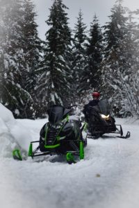 Two snowmobile riders in snowy forest